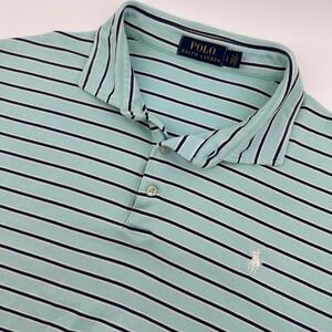 Polo Ralph Lauren Mens Striped Polo Shirt Mint Green Navy Blue Cotton Large